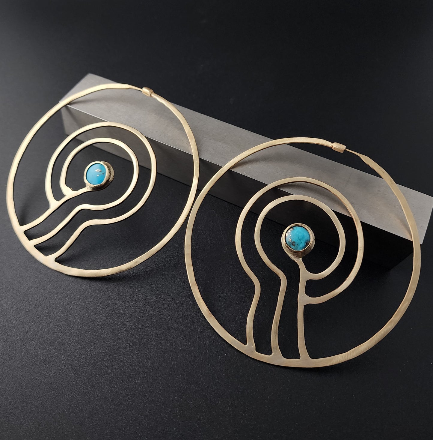 P Shape Turquoise Brass Hoops